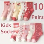 10 Pairs Soft Knitted Socks, Girl's Cartoon Love Heart Pattern Comfy Breathable Crew Socks For Outdoor Wearing-3.79
