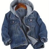 100cm-150cm Boys Hooded Denim Jean Jacket - Casual Zipper Outerwear Coat with Cotton Blend Fabric, Solid Color, and Regular Fit - Hand Wash Only, Perfect for Spring and Fall Seasons-19.61