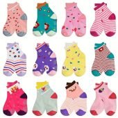 12 Pairs Non-Slip Toddler Girl Sock Grips - Cute Cartoon Crew Socks for Kids 1-7 Years Old-10.09