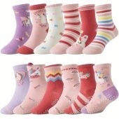 12 Pairs Of Baby Girls Toddlers Grips Socks Kids Non Slip Anti Skid Unicorn Striped Crew Socks-9.50