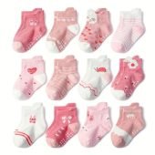 12 Pairs Of Girl's Trendy Pinky Design Floor Socks, Anti-skid Cotton Socks With Dot Glue, Boys Girls Kids Socks For All Seasons Wearing-9.88