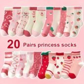 20pcs Girls' Princess Socks - Sweet & Soft Mid-Calf, All-Season Comfort with Cute Cartoon Designs-10.09