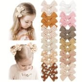 24pcs Elegant Girls' Bow Hair Clips - Solid Color, Polyester Fabric, Perfect for Parties & Everyday Fashion-11.89