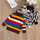 3pcs Boys Casual Crew Neck Sweaters, Polyester Knit Fabric with Medium Stretch, Geometric Rabbit, Striped, and Wavy Patterns, for Fall Winter Collection-18.70