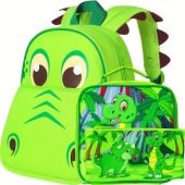 3pcs Dinosaur-Themed Backpack and Lunch Box Set, Cute Cartoon Animal Design, Lightweight Polyester Bookbag with Adjustable Straps, Zipper Closure, Wet Wipe Clean, for Boys & Girls-22.39