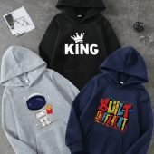 3pcs Fleece KING & BUILT DIFFERENT Astronaut Print Boys Warm Hoodies, Long Sleeve Sweatshirt Top, Trendy Style, Boys Clothes For Spring Fall Winter-20.77