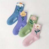 4 Pairs Of Girls' Lovely Flower Pattern Comfortable Cotton Crew Socks, Suitable For Daily Wear-4.88