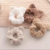 4pcs Set Girls' Plush Cat Ear Hair Ties - Soft, Fluffy Ponytail Holders in Khaki & White Perfect for Everyday & Casual Wear-1.02