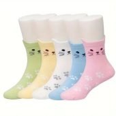 5pcs Cute Cat & Animal Print Cotton Blend Socks for Girls - Breathable, Comfy Mid-Calf Length, Youngsters, Novelty-6.16