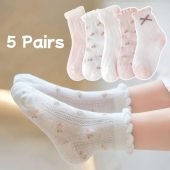 5pcs Girls' Breathable Mesh Socks with Cute Bowknots - Floral Pattern, Perfect for Spring Summer-1.79