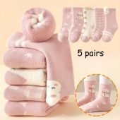 5pcs MIANZHI Girls' Cute Bunny Mid-Calf Socks - Cozy & Warm for Winter, Thick Fleece-Lined Blend, Perfect for Outdoor Activities-6.15