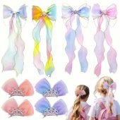 8 Pcs Hair Bows for Girls Colorful Ribbon Hair Bows Princess Bows Hair Barrettes Girls Kids Teens Hair Accessories (Gradient Color)Crown Shaped Hair Barrettes, Cute Sparkly Hair Styling gifts-10.49