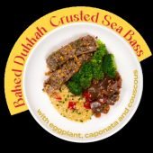 Baked Dukkah-Crusted Sea Bass with Eggplant Caponata and Couscous - REG 13.90