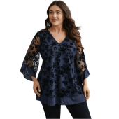 Floral Flocking Mesh Asymmetrical Hem Blouse $20.90