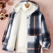 Kid's Preppy Style Fleece Lining Coat, Plaid Pattern Zip Up Hooded Jacket, Boy's Clothes For Fall Winter Outdoor-18.19
