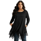 Solid Tassels Trim Pocket Asymmetrical Hem T-shirt $28.90